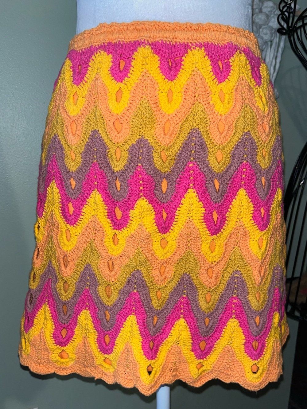 Free People Crocheted A-Line Skirt in Pink, Yellow & Orange